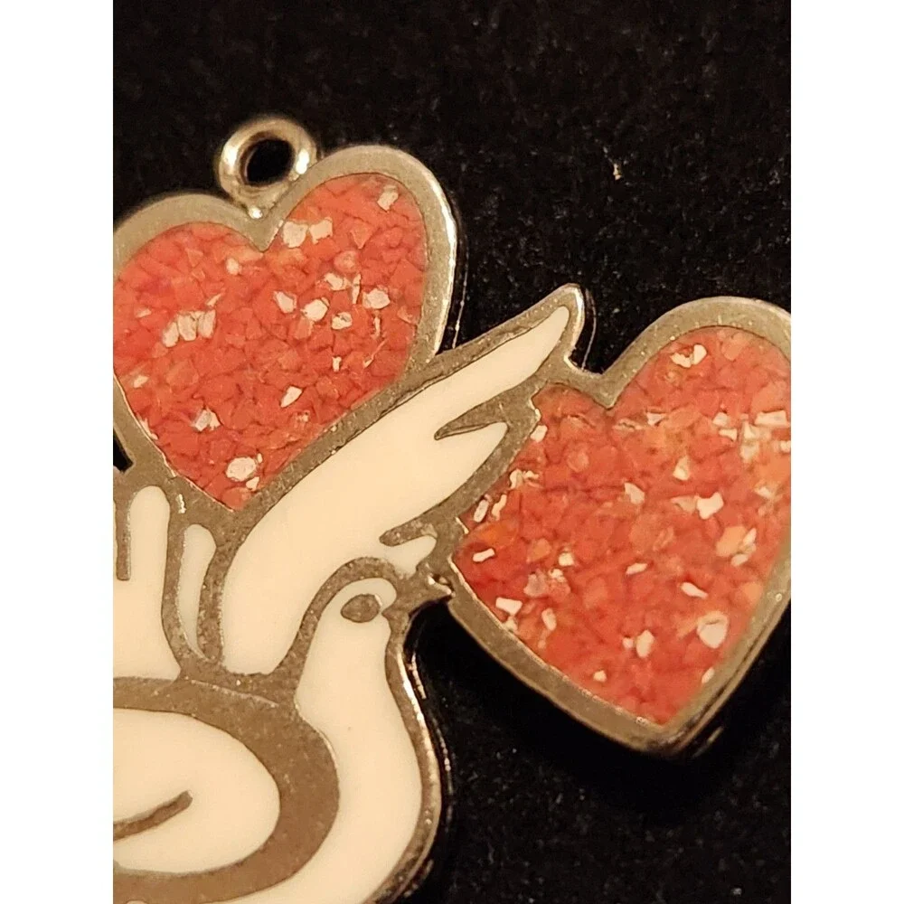 Vintage G&S Dove Pendant Pewter Coral Inlay Hearts Peace Love ©93